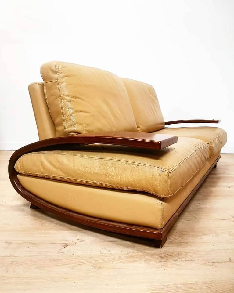 Vintage Italian leather and wood sofa