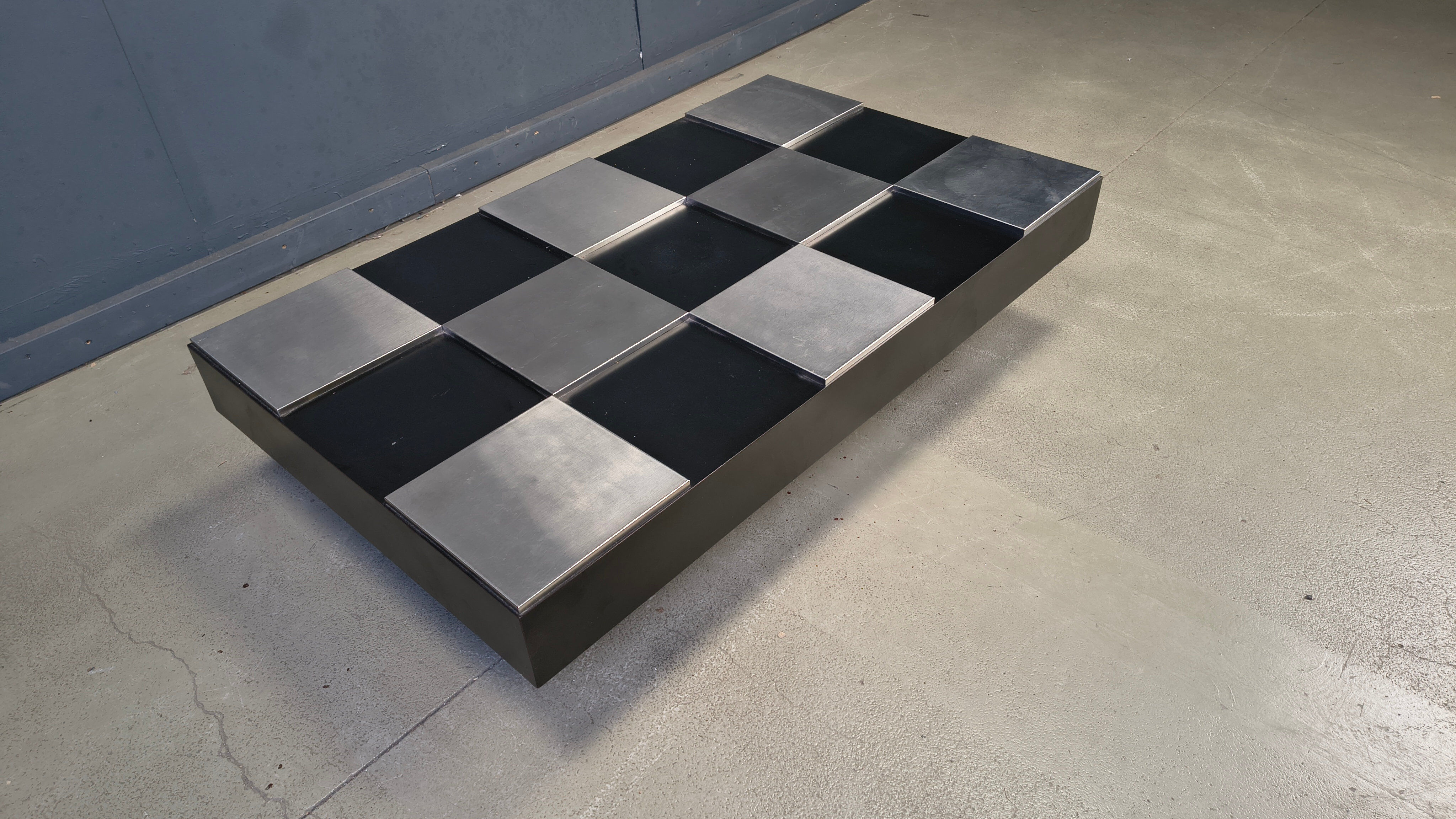 Vintage lacquer and aluminum checkerboard coffee table, 1970s