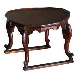 Organic Art Deco side table / solid stained wood stool, 1940s