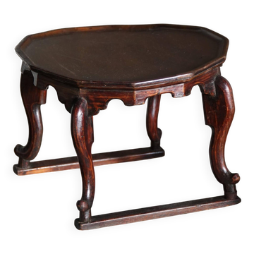 Organic Art Deco side table / solid stained wood stool, 1940s
