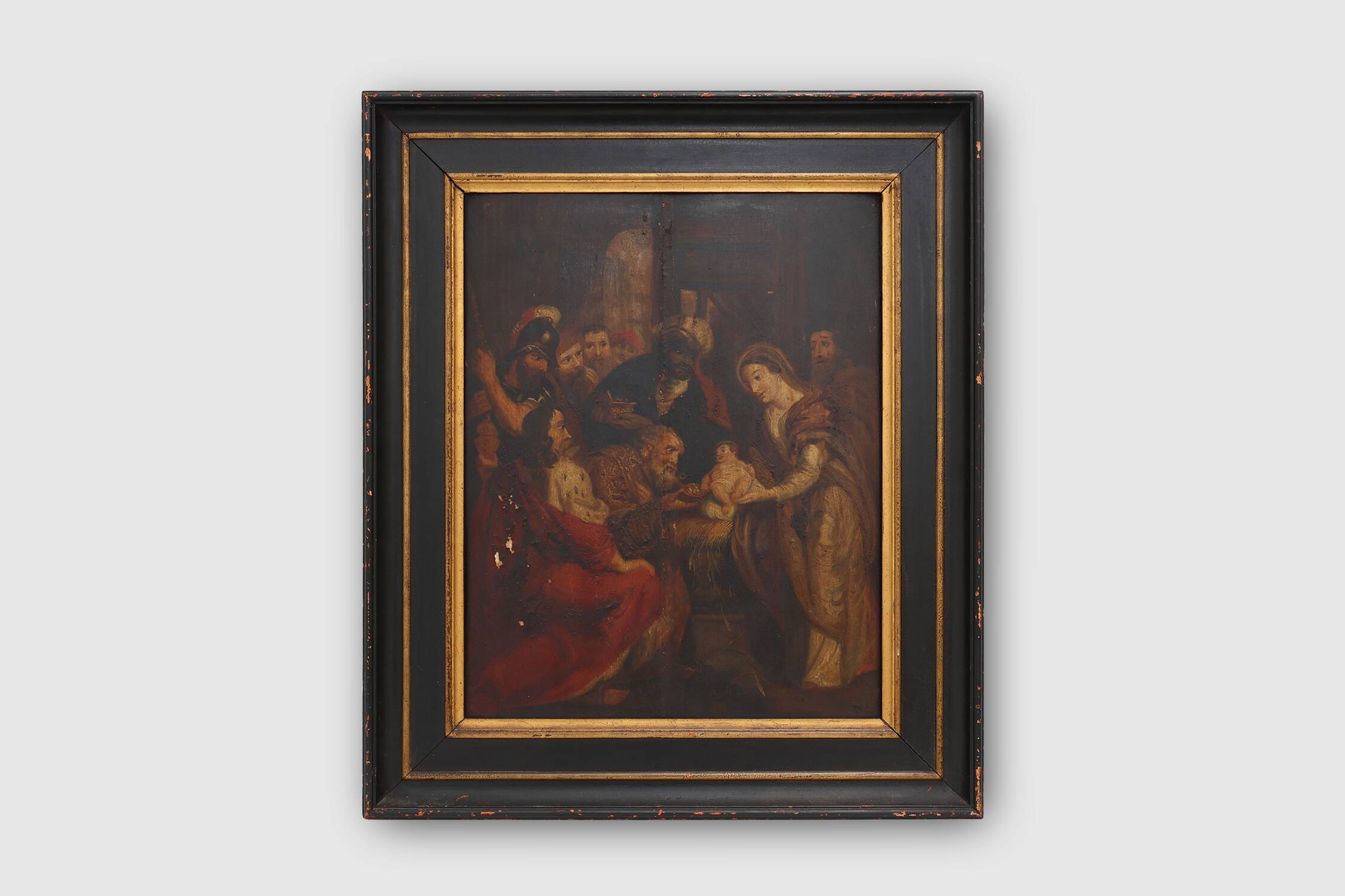 Flemish 18th century framed religious oil on wood painting Adoration of the