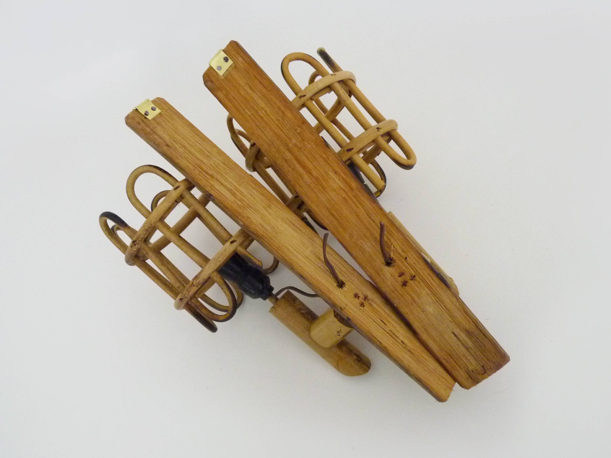 Pair of rattan bamboo lantern wall lights. 1950s-1960s