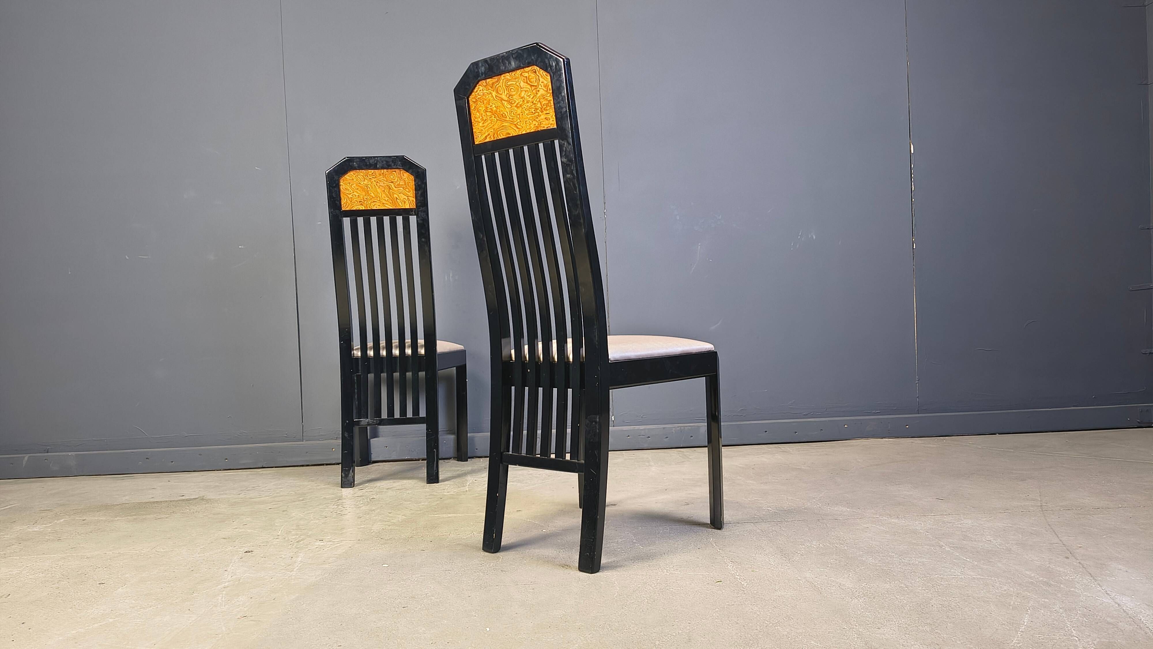 Vintage burl wood and lacquer dining chairs, 1980s