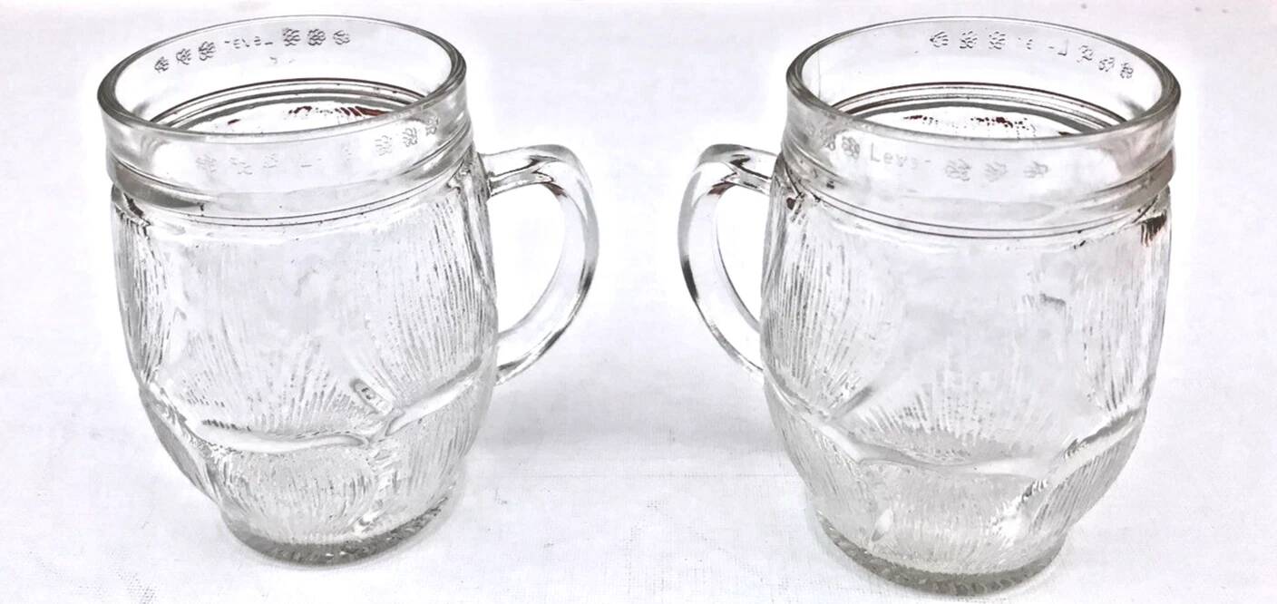 1970s 2 thick transparent glass mugs with textured bark imitation