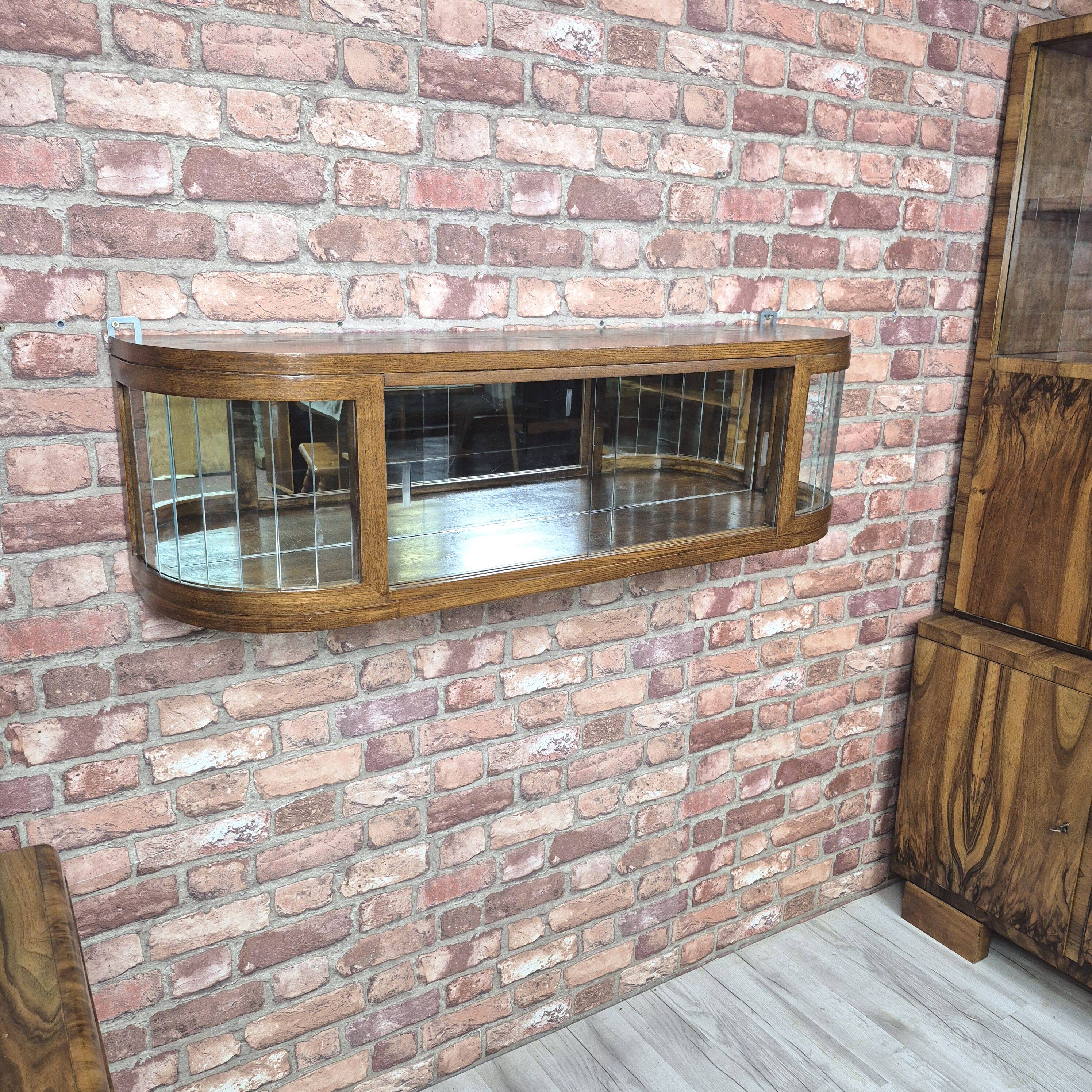 Upcycled Art Deco Oak Wall Display Cabinet with Slatted Glass Corners - 195