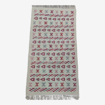 Handmade white pink and gray kilim rug in natural wool