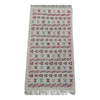 Handmade white pink and gray kilim rug in natural wool