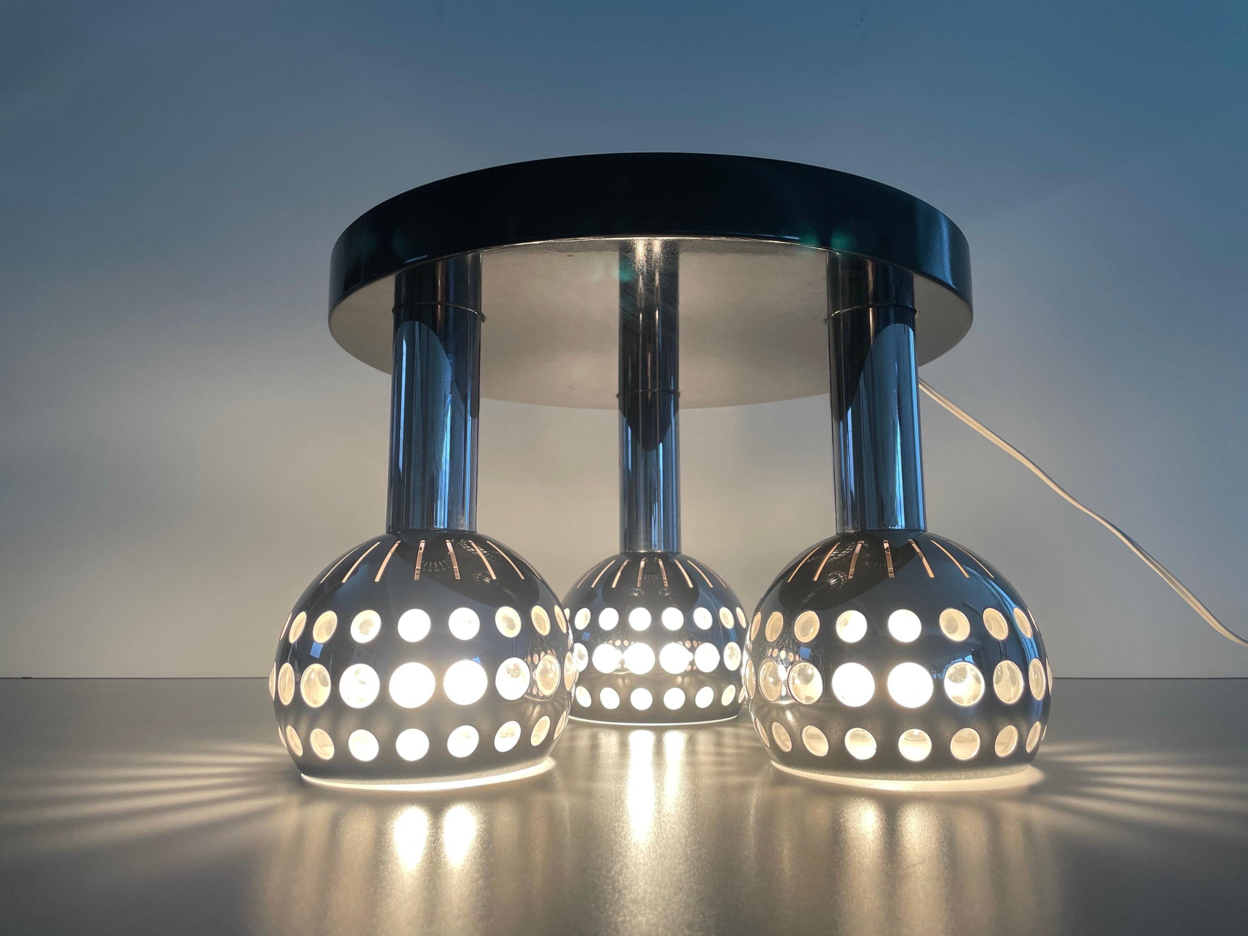 Mid-century ceiling light with 3 shades and wooden base, 1960s, Italy.