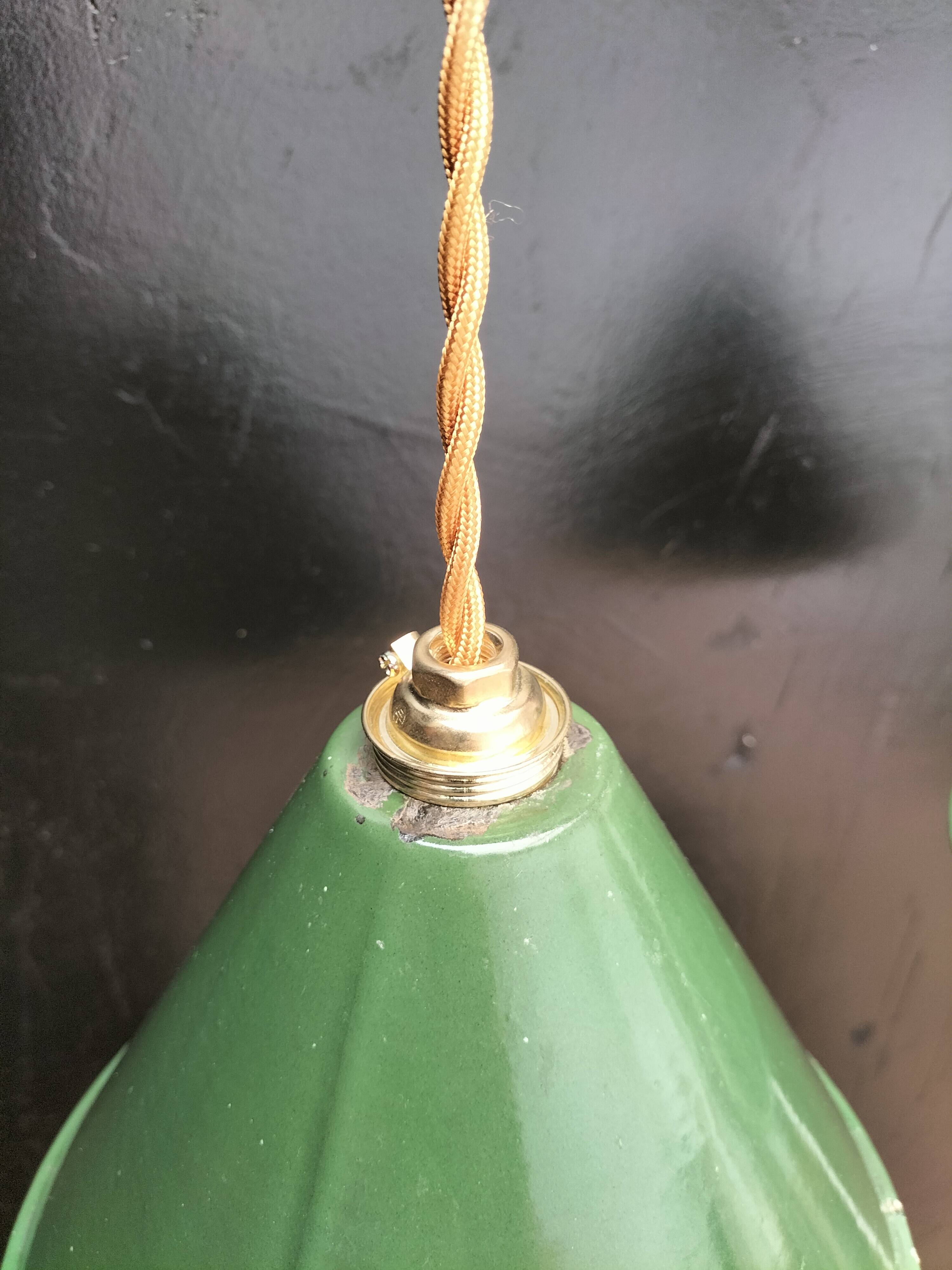 2 enameled sheet metal cone pendants