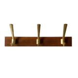Vintage wooden wall-mounted coat rack with 3 golden cast aluminum hooks