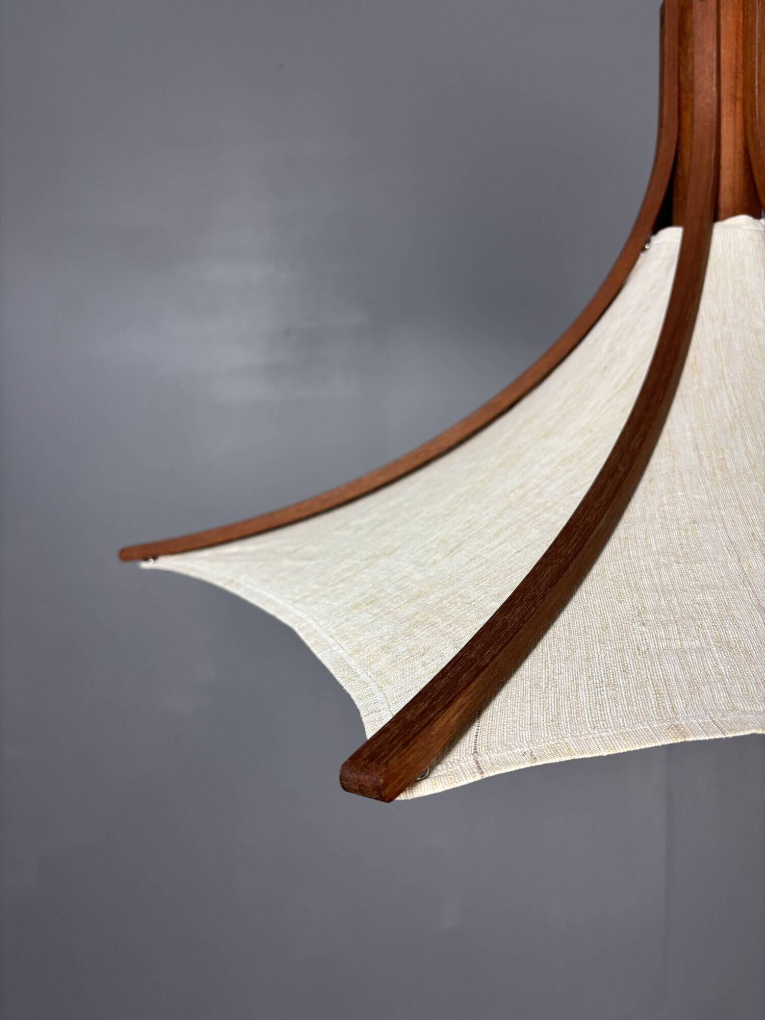 Teak And Linen Umbrella Counter Balance Pendant By Domus, 1970s