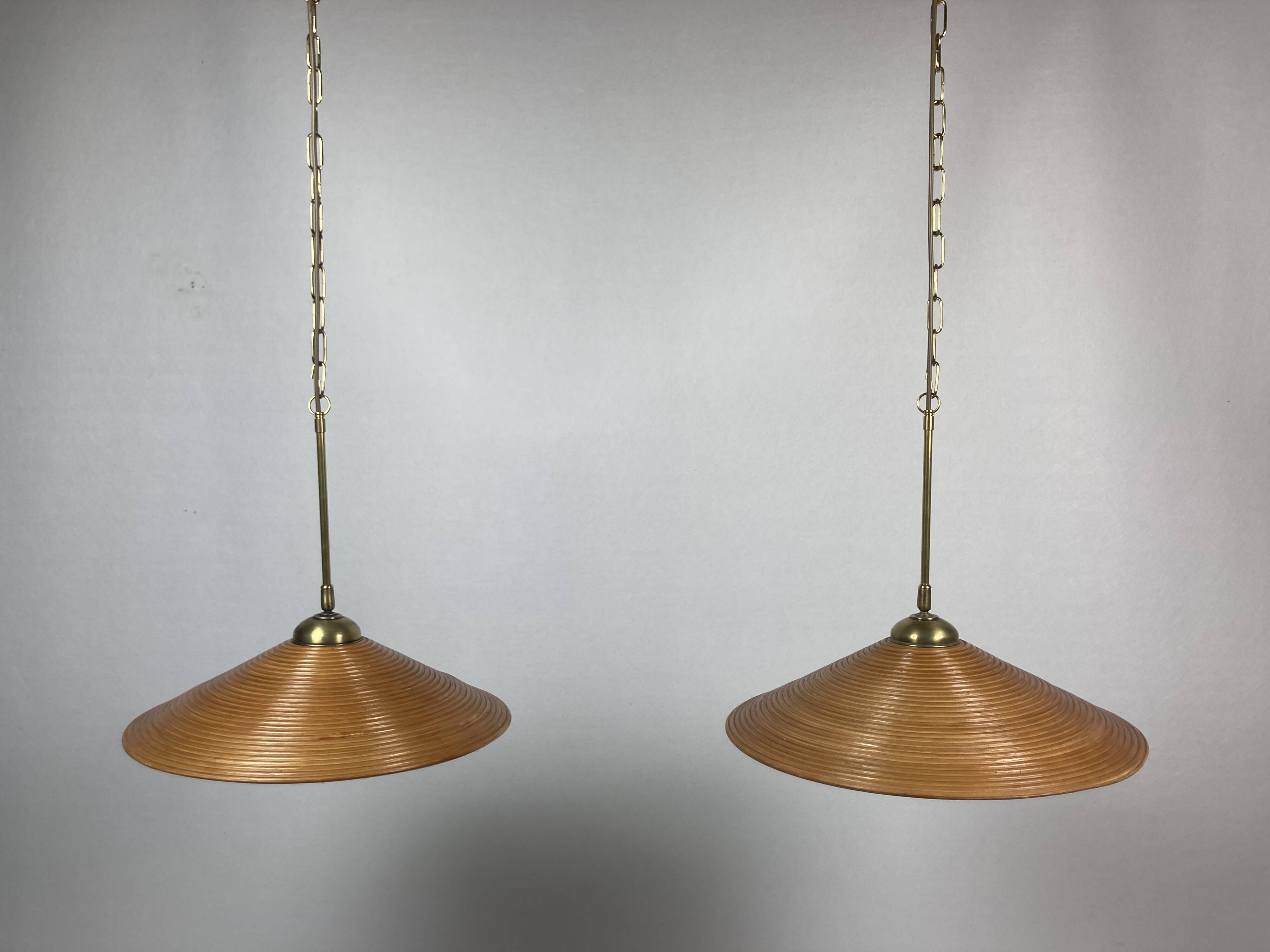 Lampe à Suspension Pencil Split Reed, Rotin, Bambou et Laiton, Italie, années 1970