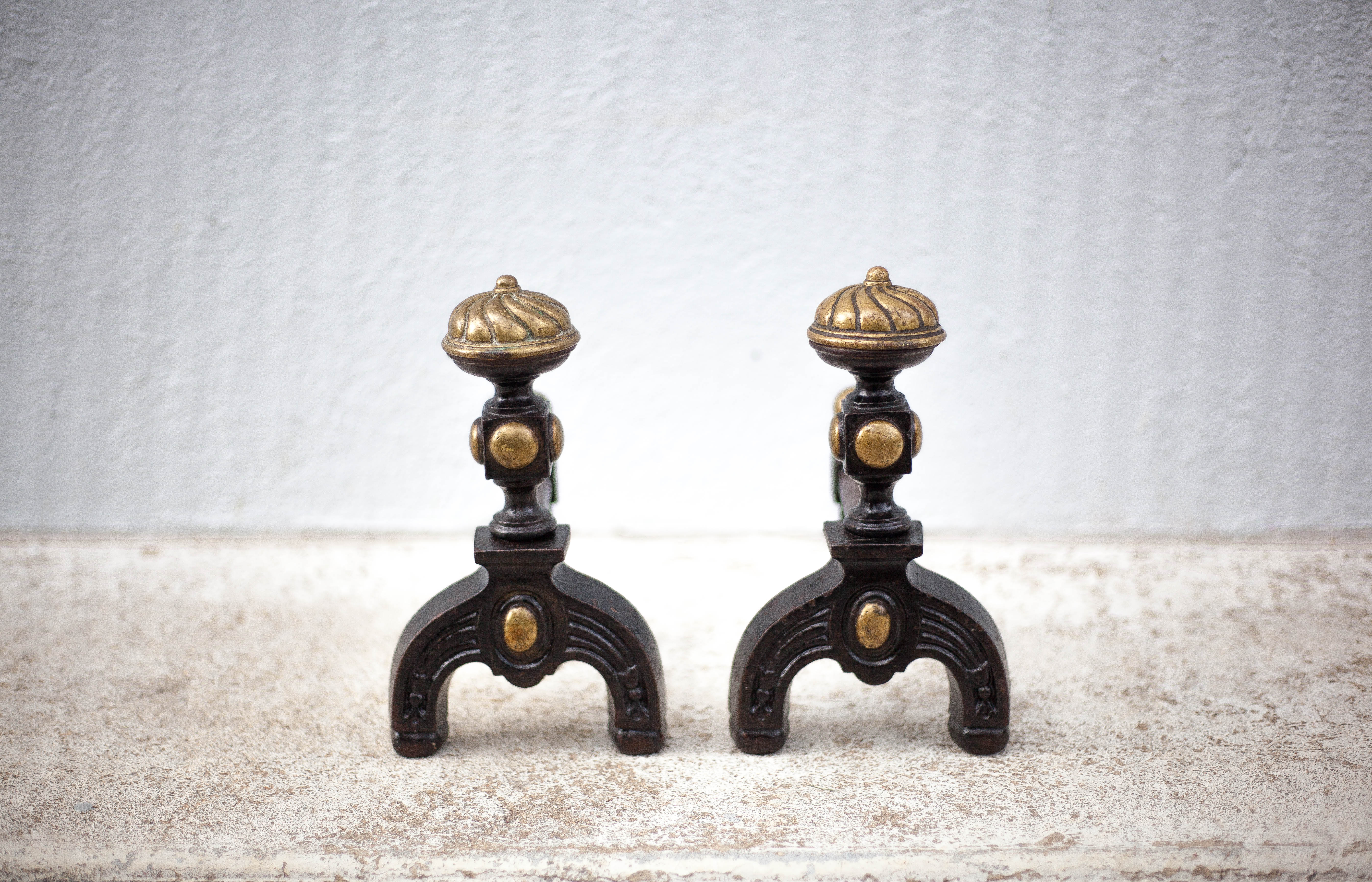 Vintage fireplace pegs, empire style cast iron and brass pegs, fireplace accessories