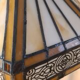 Bronze floor lamp from the 19th century with a handmade stained glass lampshade soldered with lead, measuring 52x26.