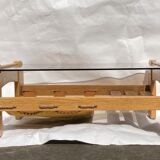 Brutalist wabi sabi slated coffee table with leather magazine holder