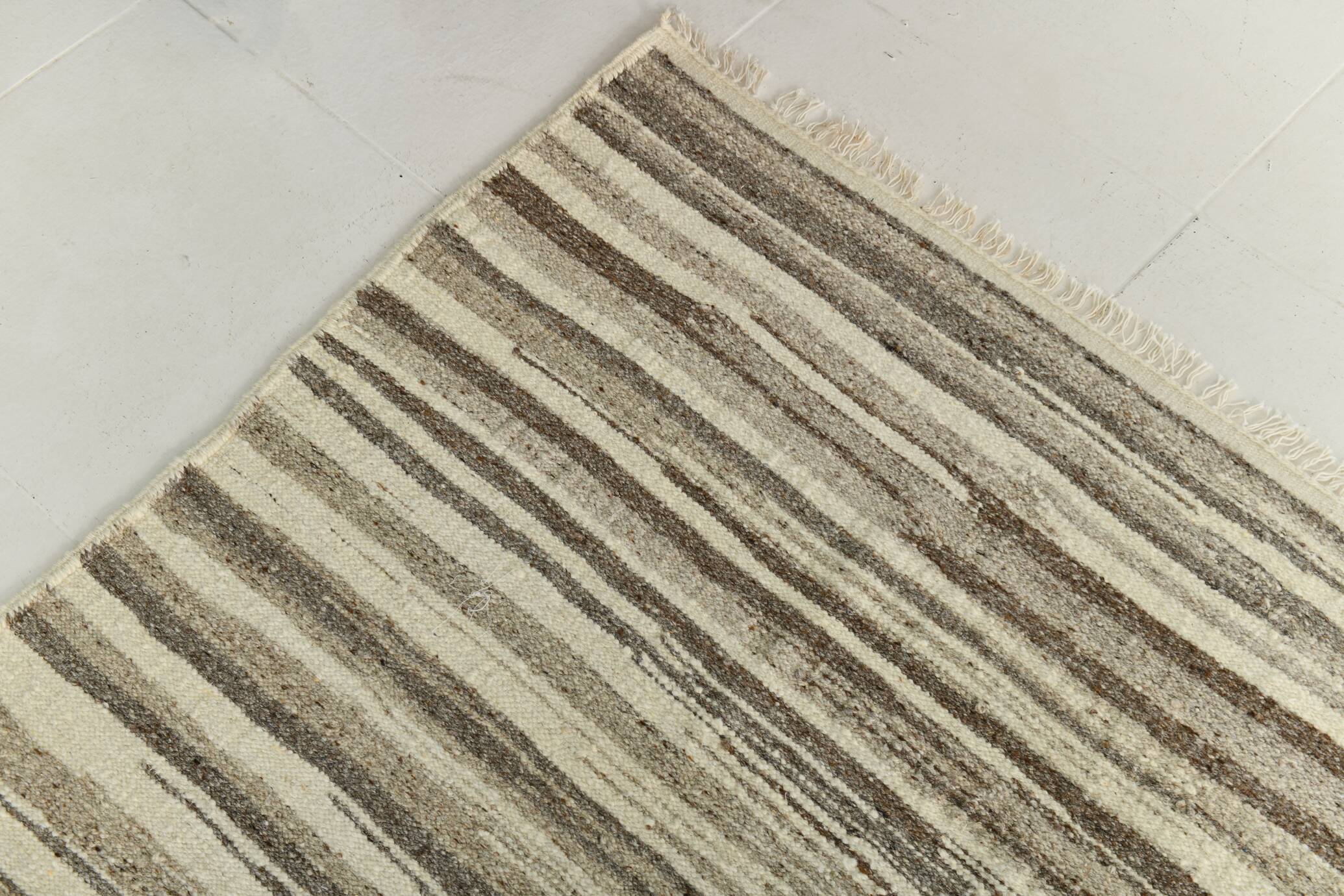 8x11 Brown Beige Minimalist Handmade Wool Kilim Rug, 226x350Cm