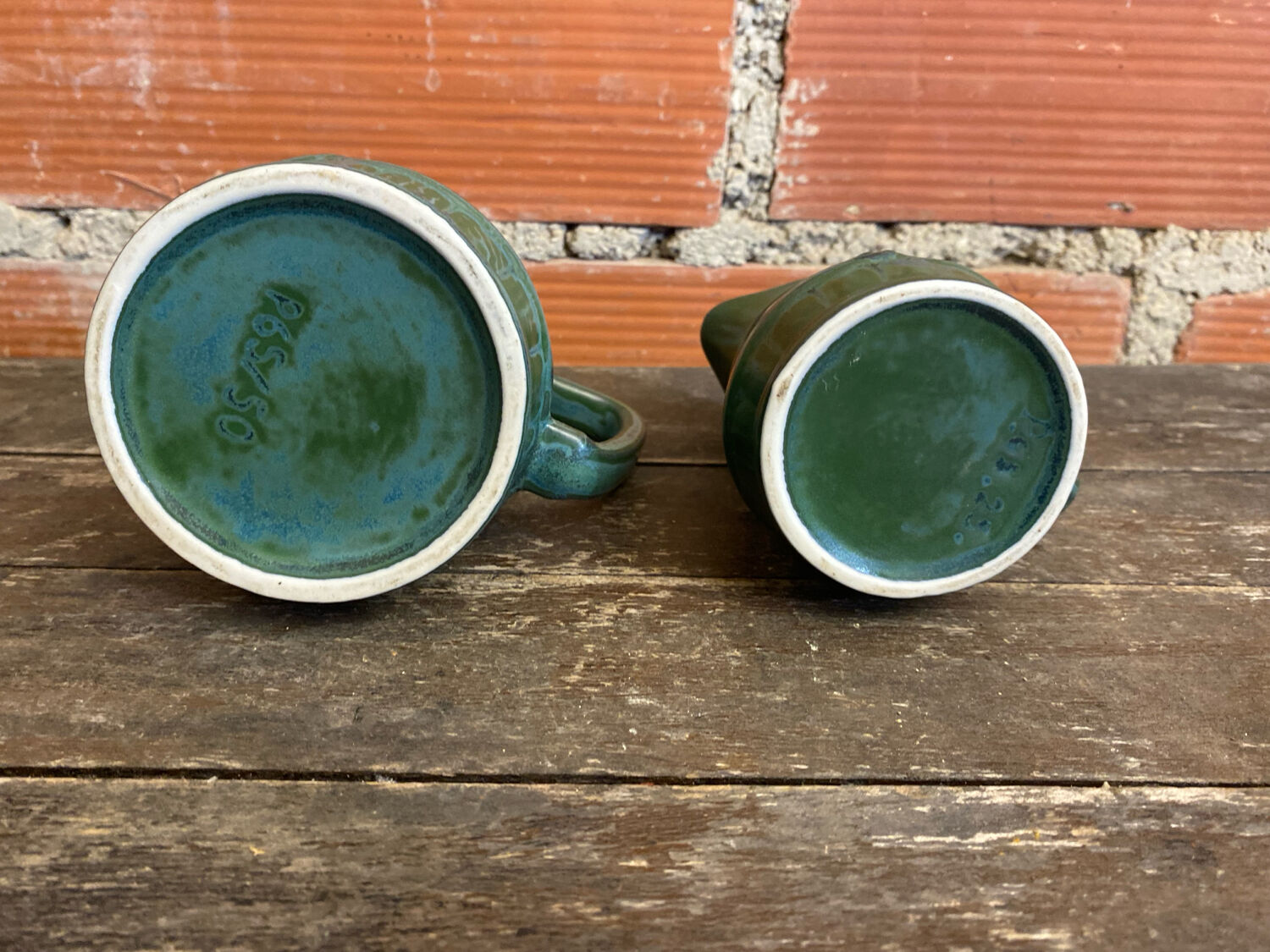 Pair of Vintage 70s Green Glazed Ceramic Barrel-Shaped Jugs