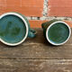 Pair of Vintage 70s Green Glazed Ceramic Barrel-Shaped Jugs