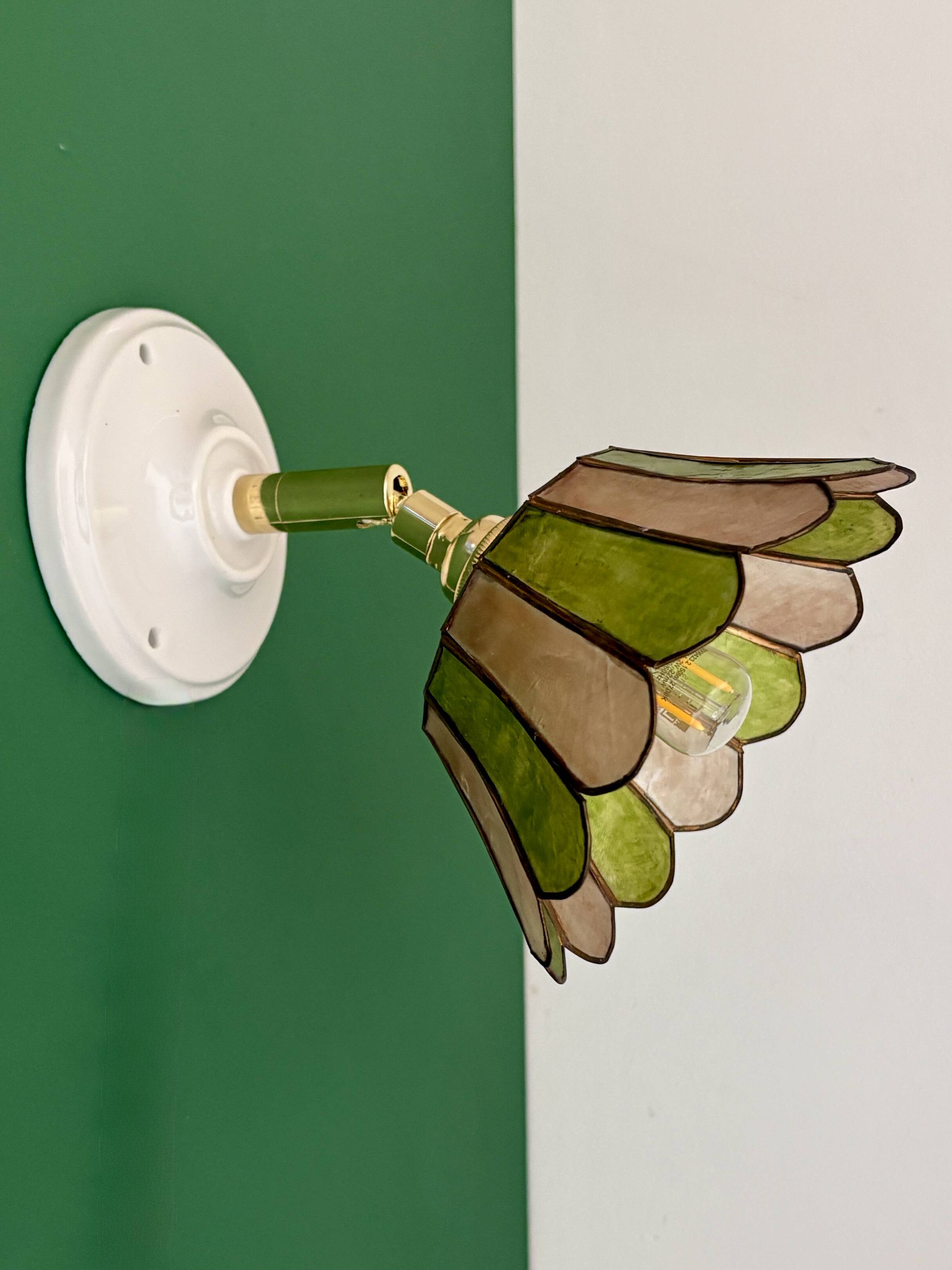 Vintage wall lamp with a green and pink mother-of-pearl lampshade