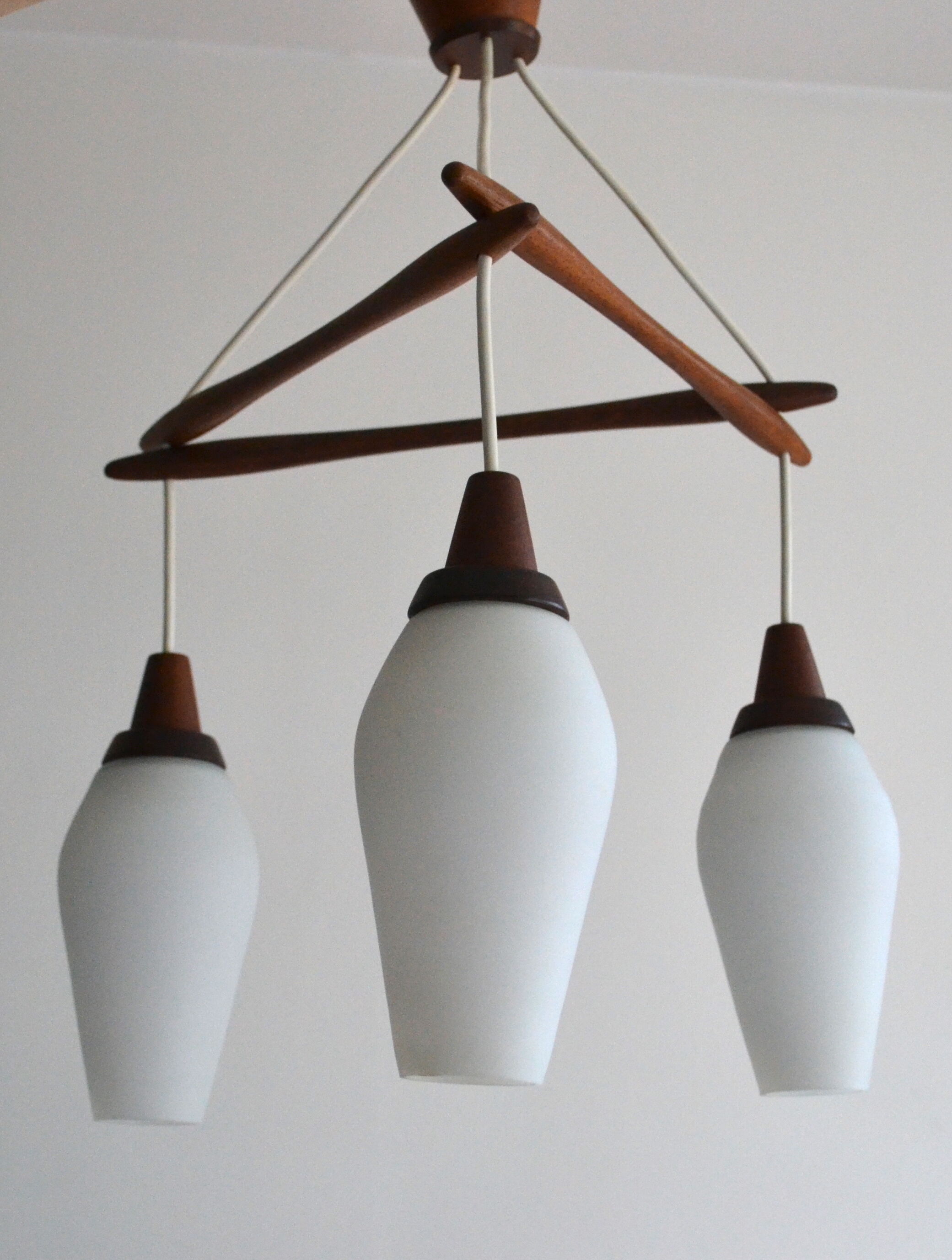 Scandinavian chandelier 3 opaline lights by Kristiansson for Luxus 50s