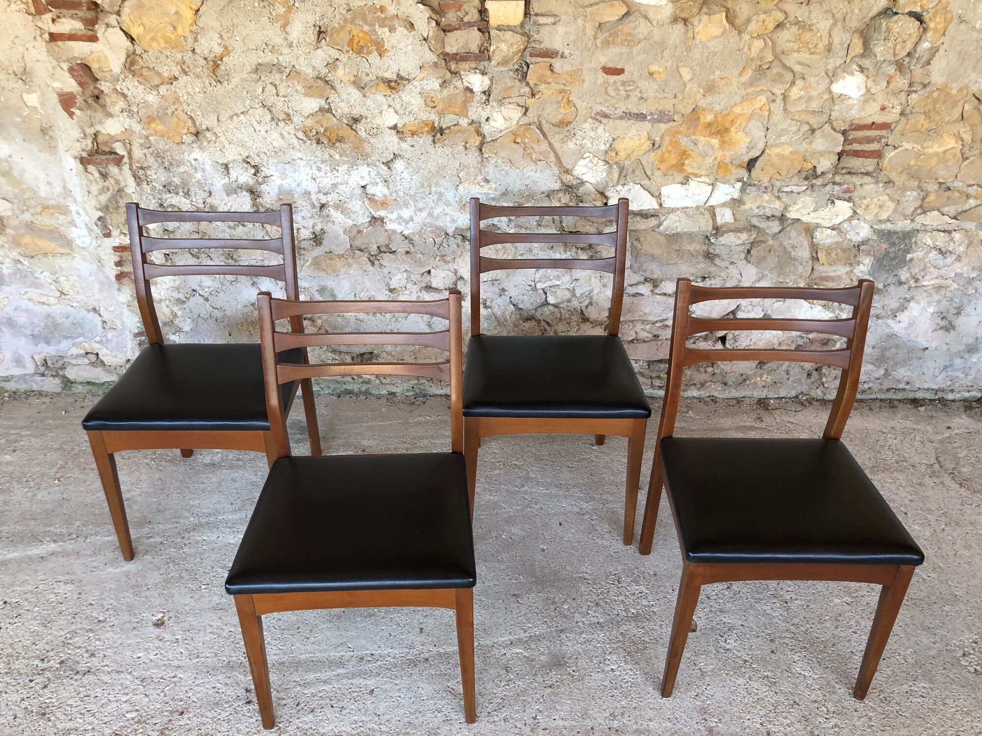 Set of 4 Scandinavian chairs teak and black skai 60s