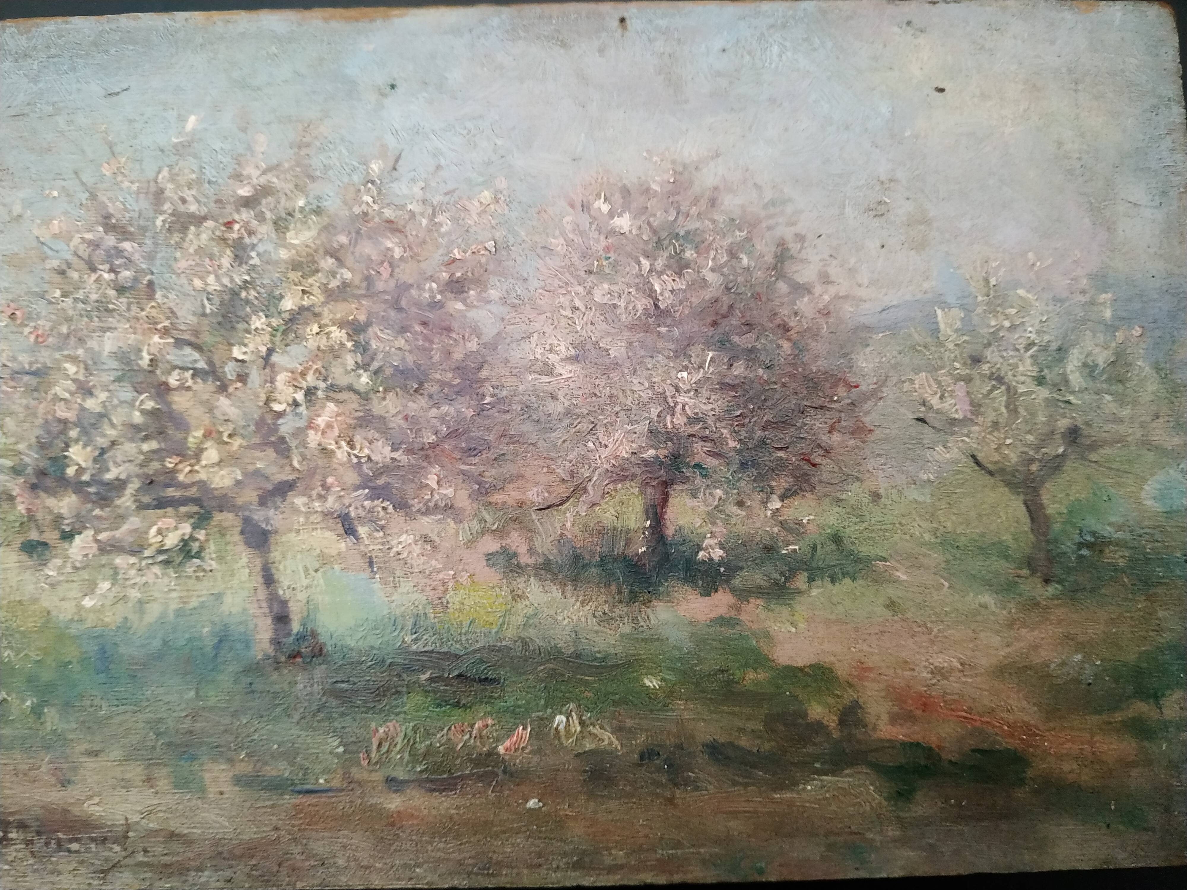 Les pommiers en fleurs huile sur panneau