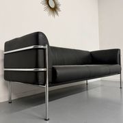 Three-seater tubular chrome and black leather sofa by Kébé, Denmark 80