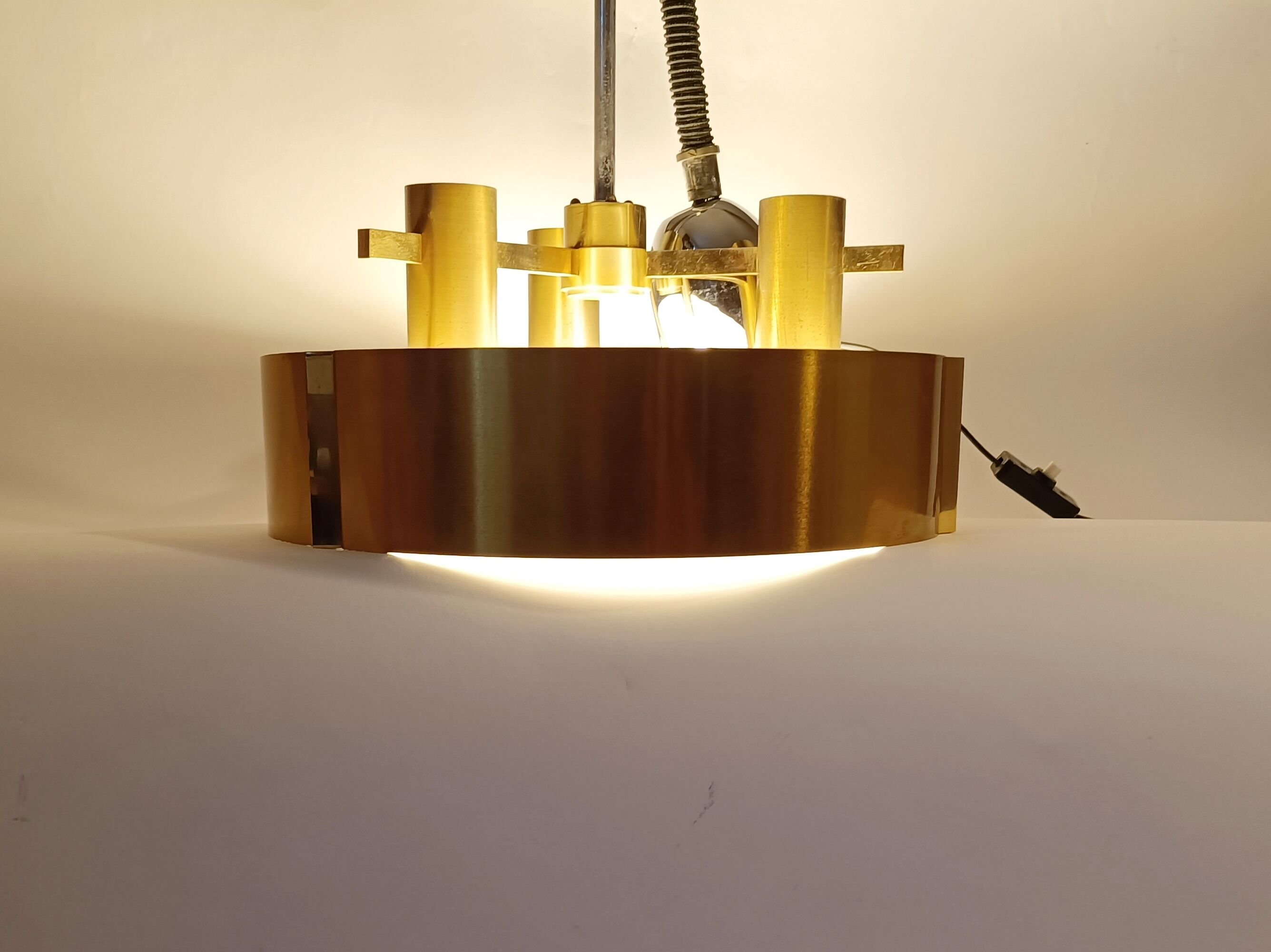Italian 3-light suspension UFO brushed aluminium and golden brass 1970