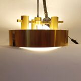 Italian 3-light suspension UFO brushed aluminium and golden brass 1970