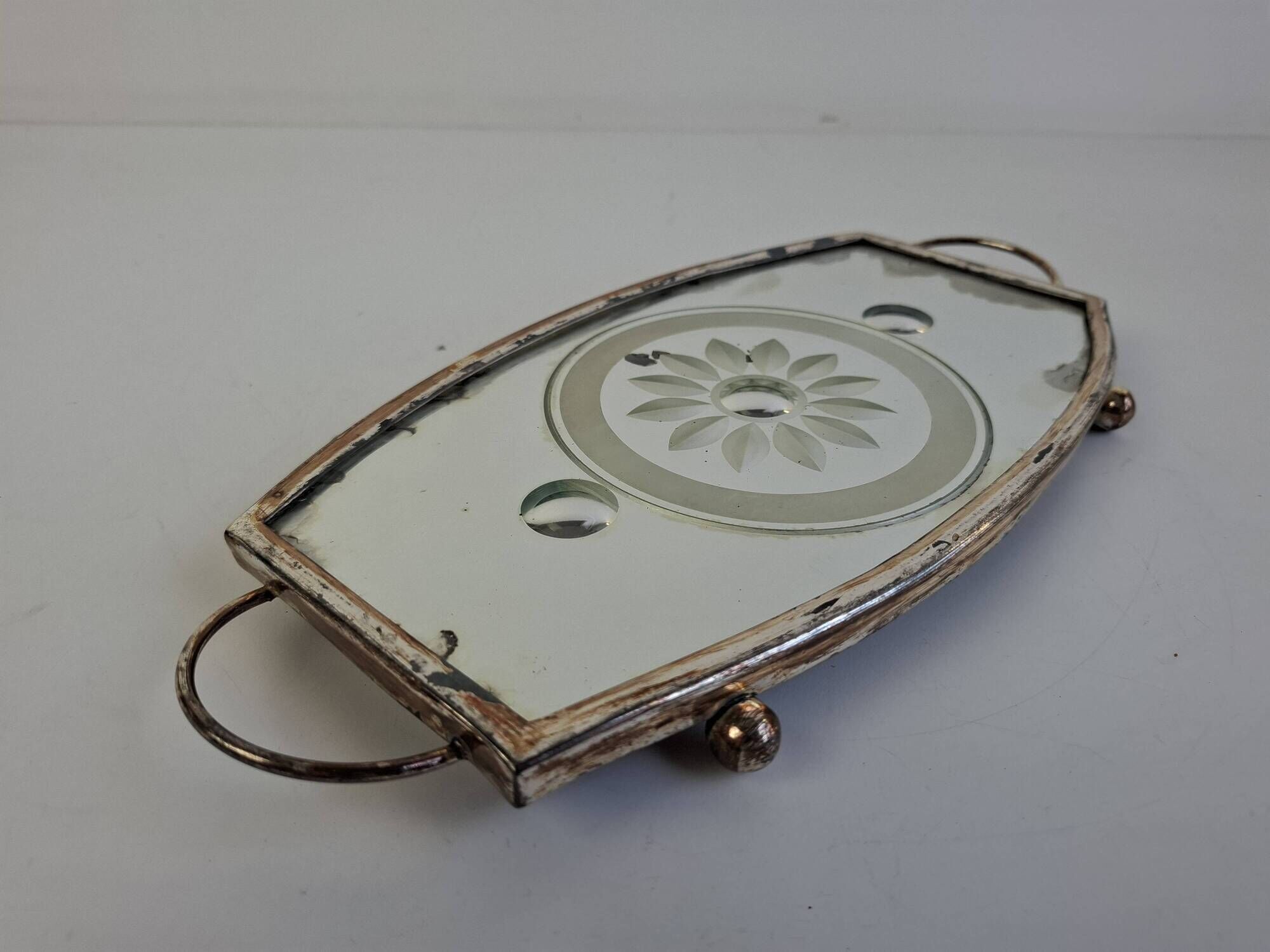 Vintage Art Deco Mirrored Glass Serving Tray with Floral Motif