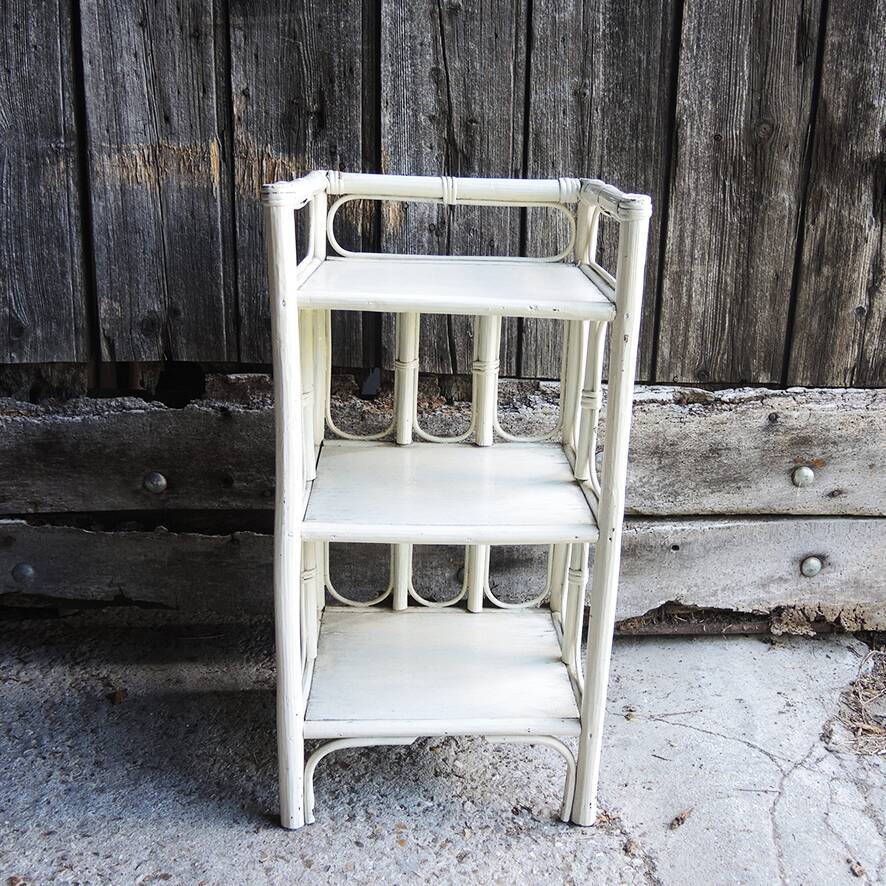 Antique white rattan bedside shelf