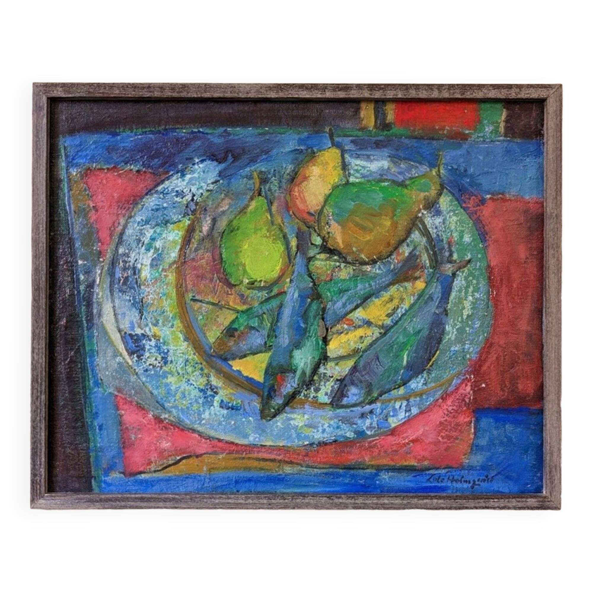 Mid-Century Modern Swedish "Fish & Fruit" Vintage Still Life Oil Painting, Framed