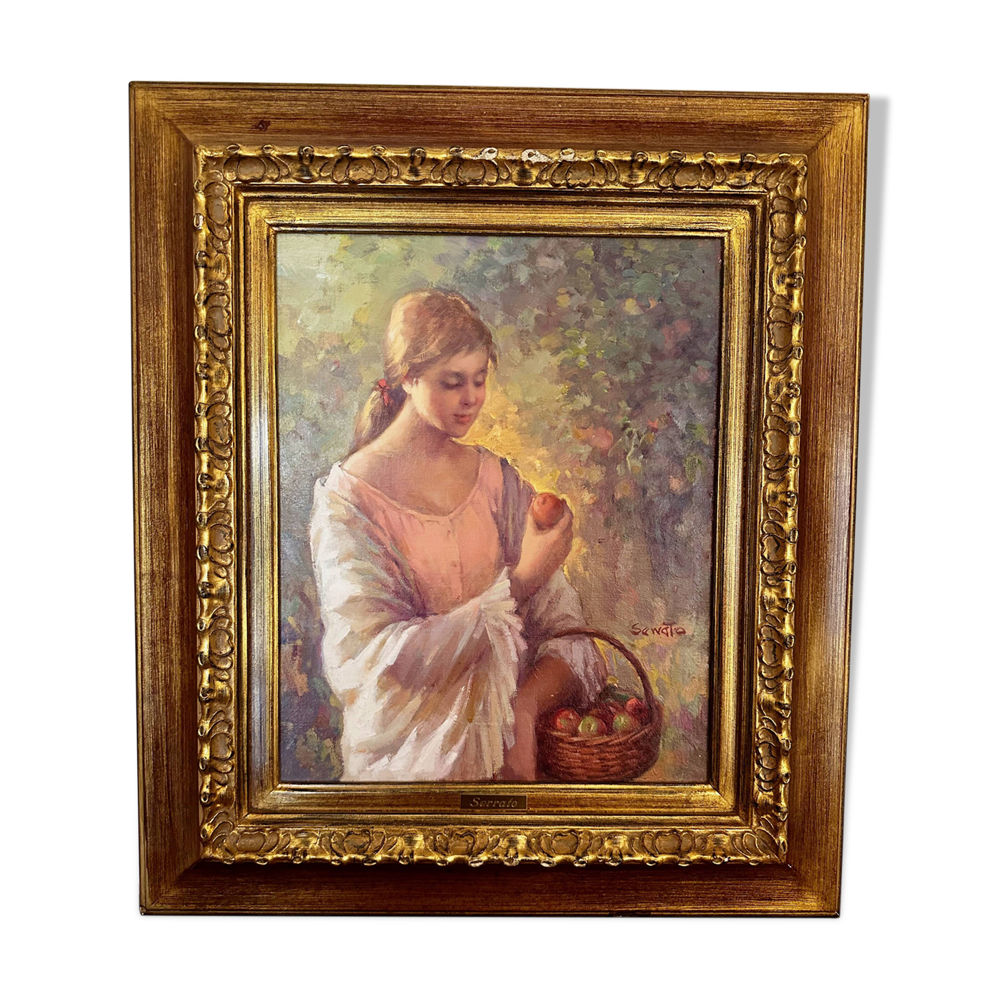 Oil on canvas signed ruggero serrato "young girl with apples"