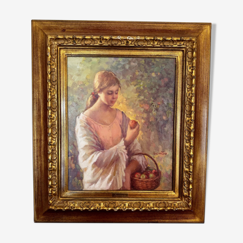 Huile sur toile signée ruggero serrato "jeune fille aux pommes"