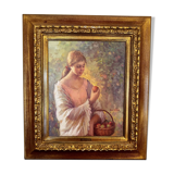 Oil on canvas signed ruggero serrato "young girl with apples"