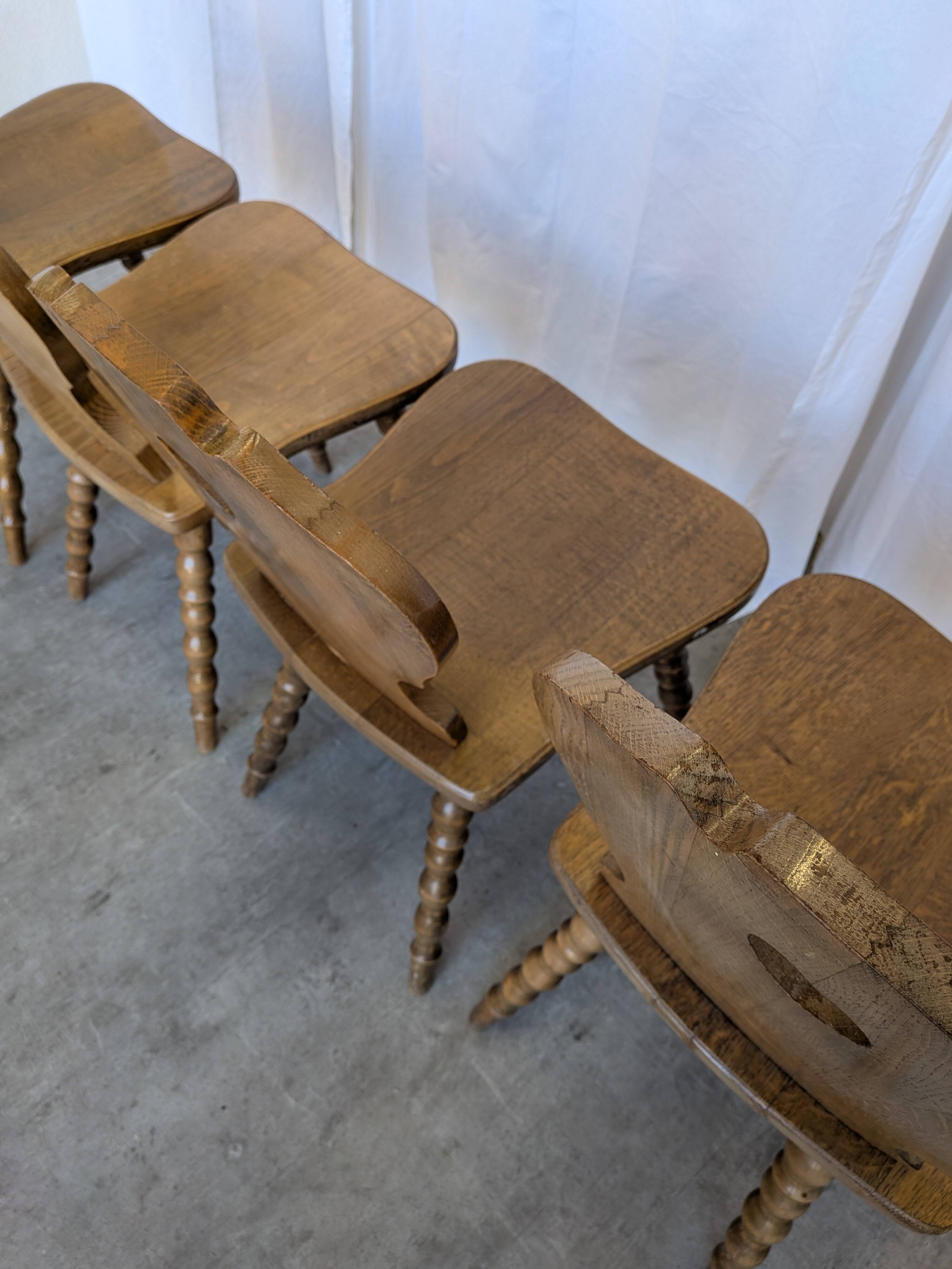 Set of 4 Vintage Tyrolean Heart Cutout Wooden Dining Chairs