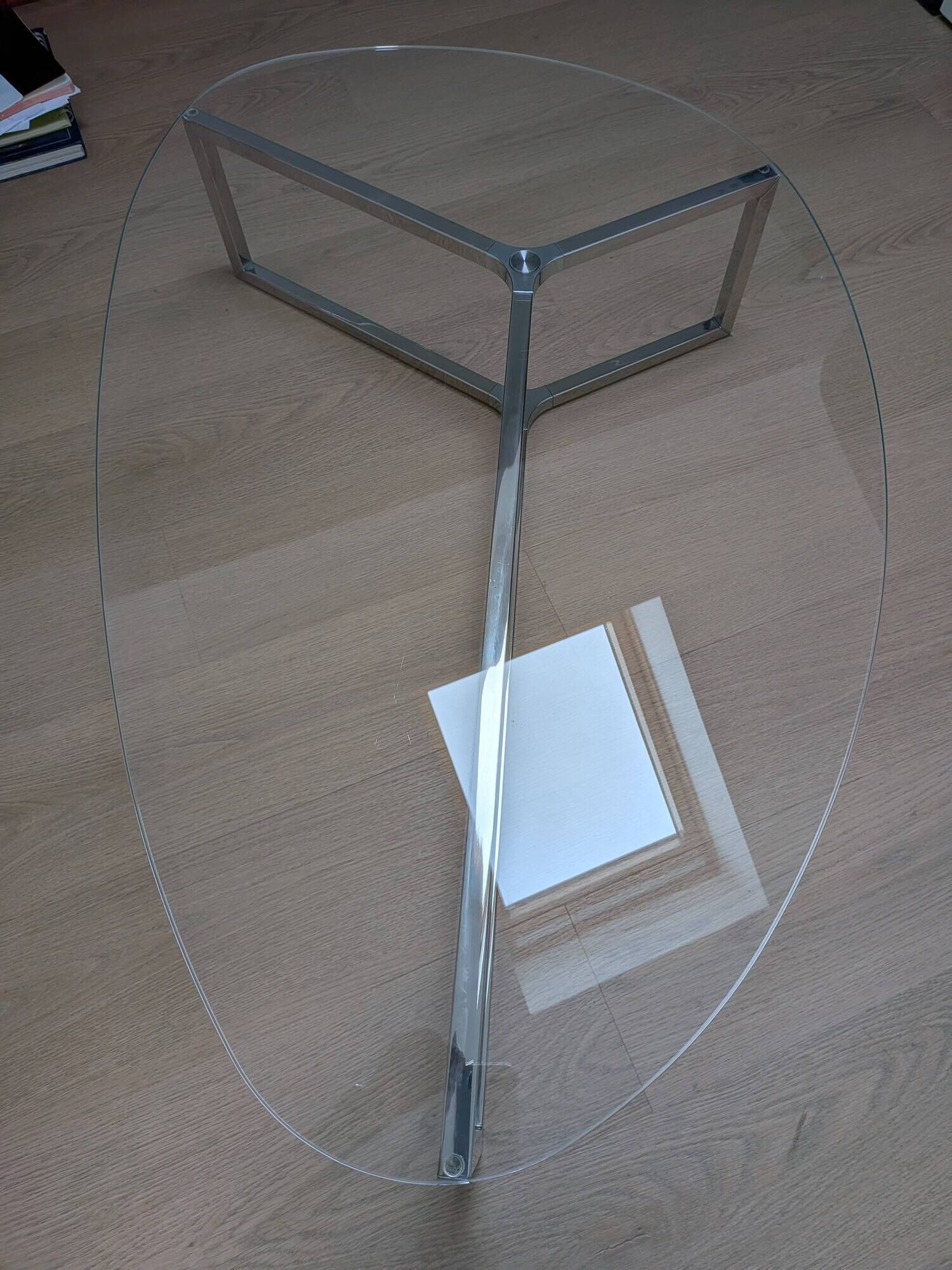 2 oval glass and chrome coffee tables, nesting, stackable, "gal" shape.