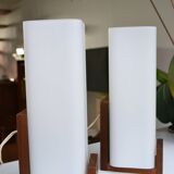 Pair of Louis Kalff opaline and teak wall lamps