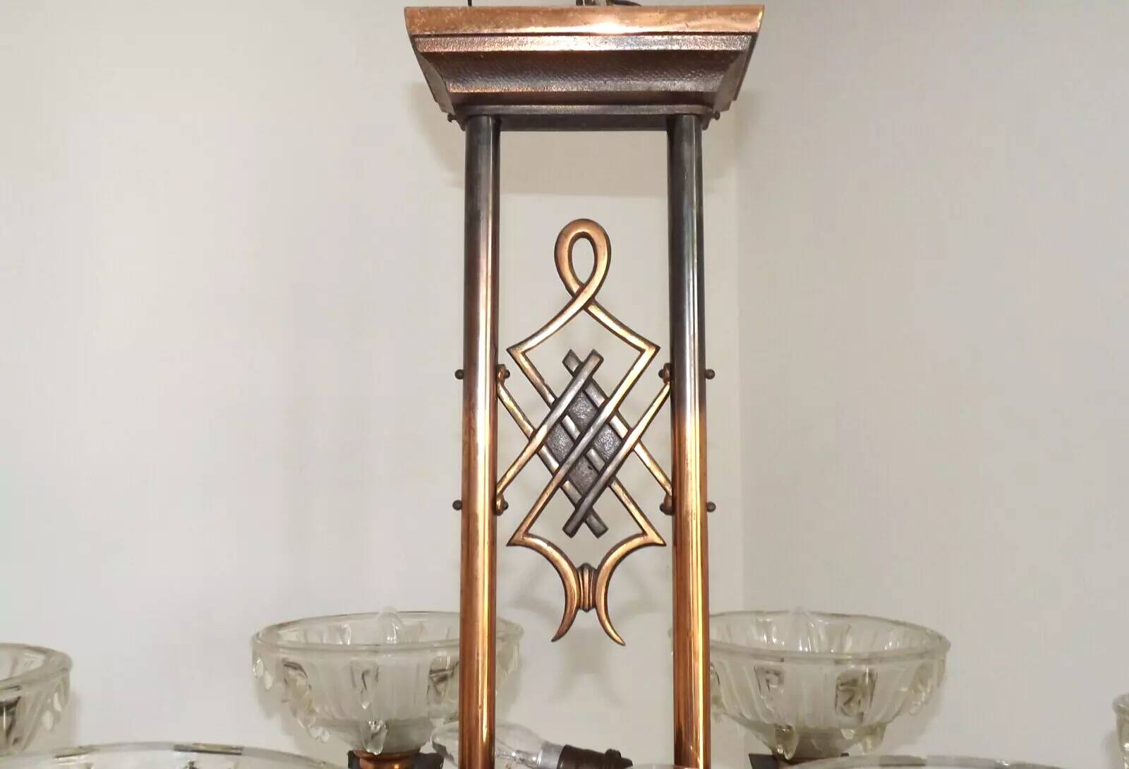 French Art Deco 6-Arm, 10-Light Chandelier Petitot Ezan Style, Copper Tone