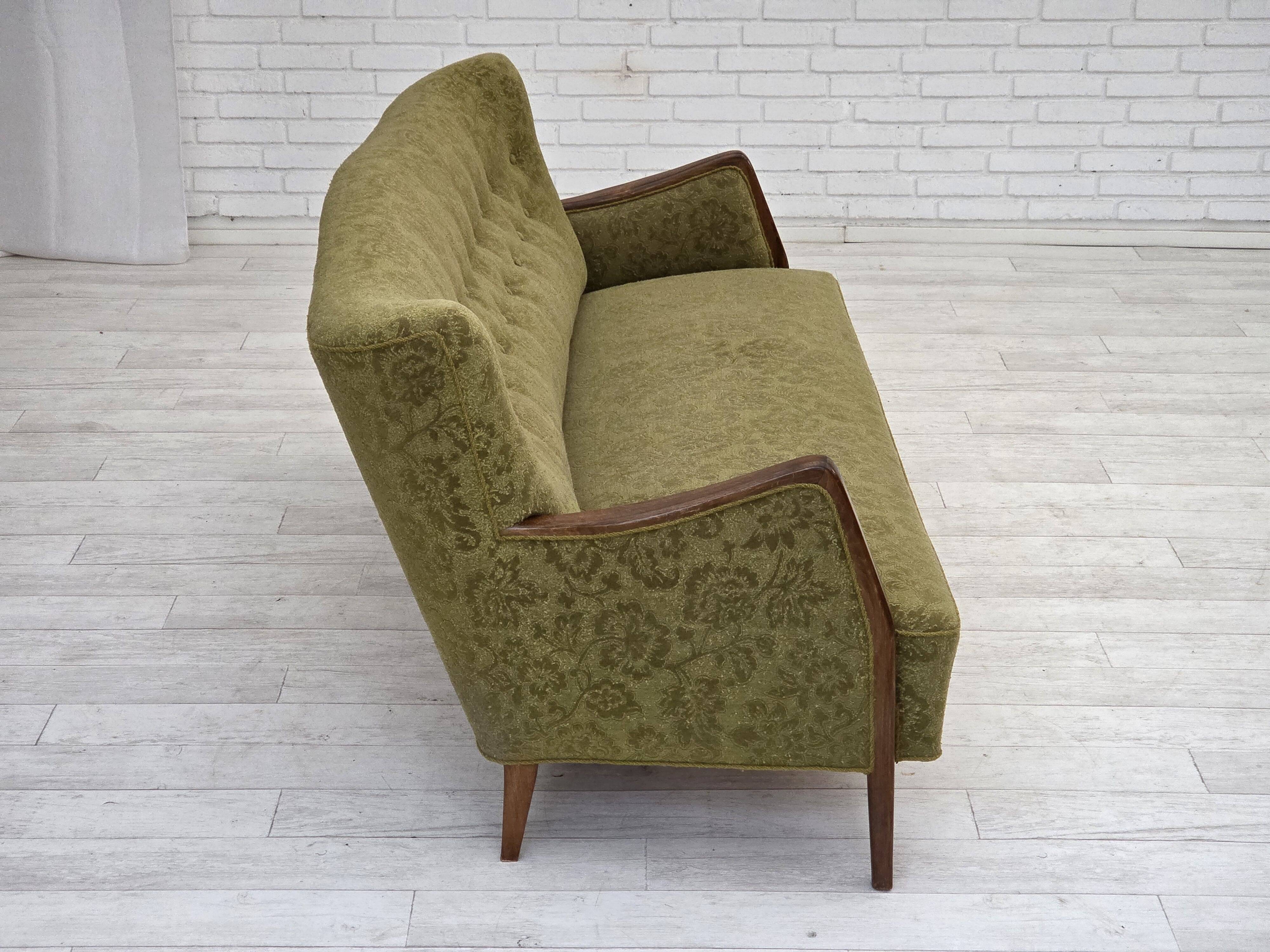 1960s, Danish 3-seater sofa, green furniture velour, ash wood legs.