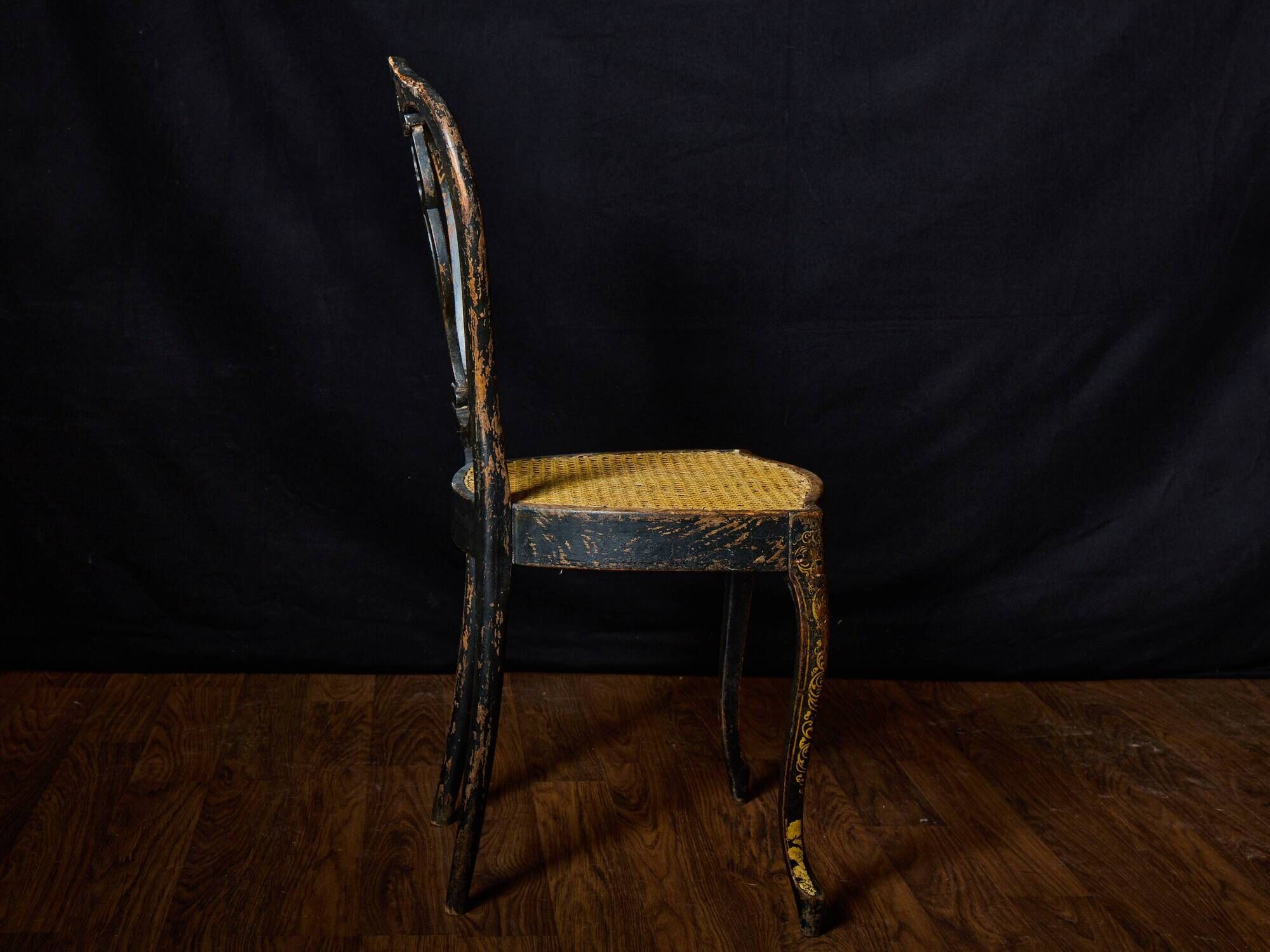 Antique black and gold lacquered chair – Napoleon III style – caned seat
