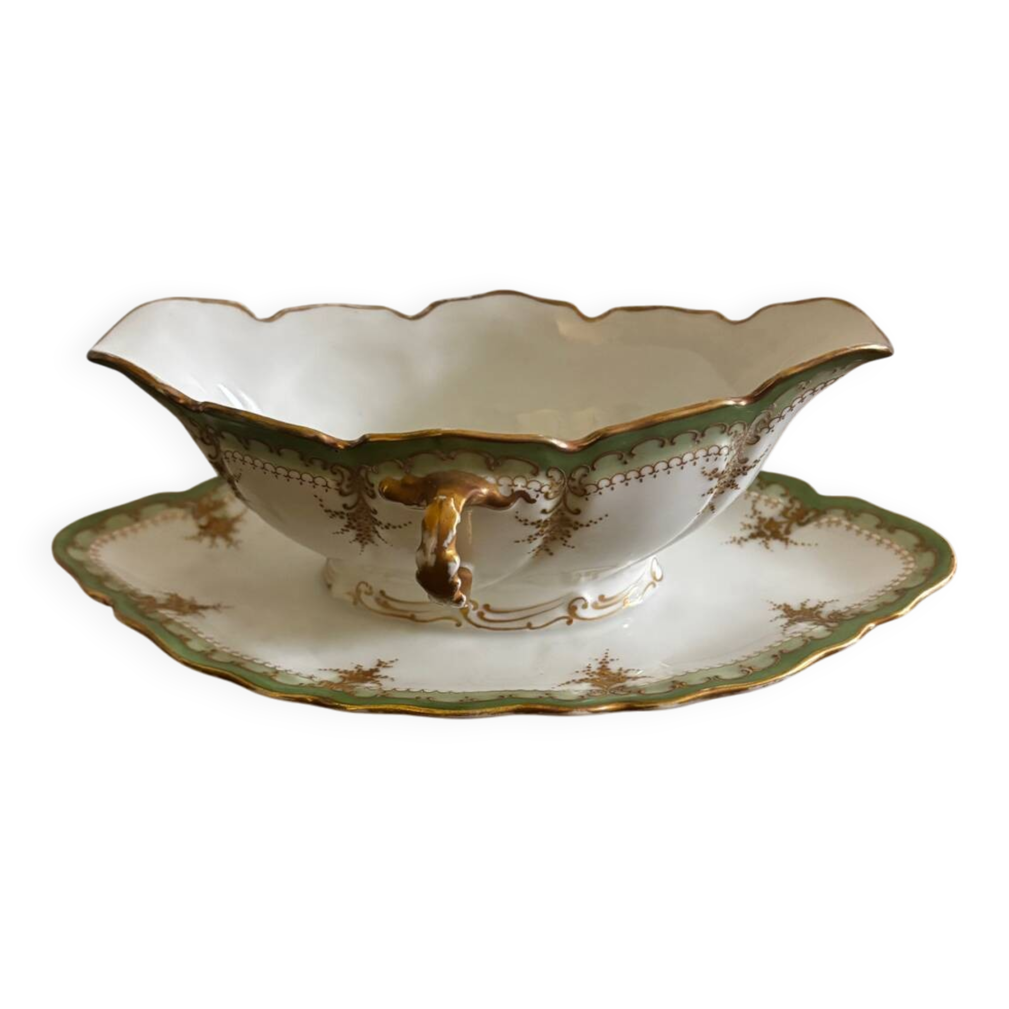 Vintage green Limoges porcelain gravy boat with gilt trim