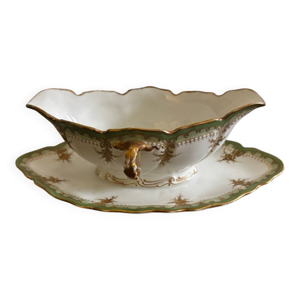 Vintage saucière verte à dorures en porcelaine de Limoges