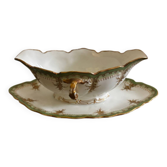 Vintage green Limoges porcelain gravy boat with gilt trim