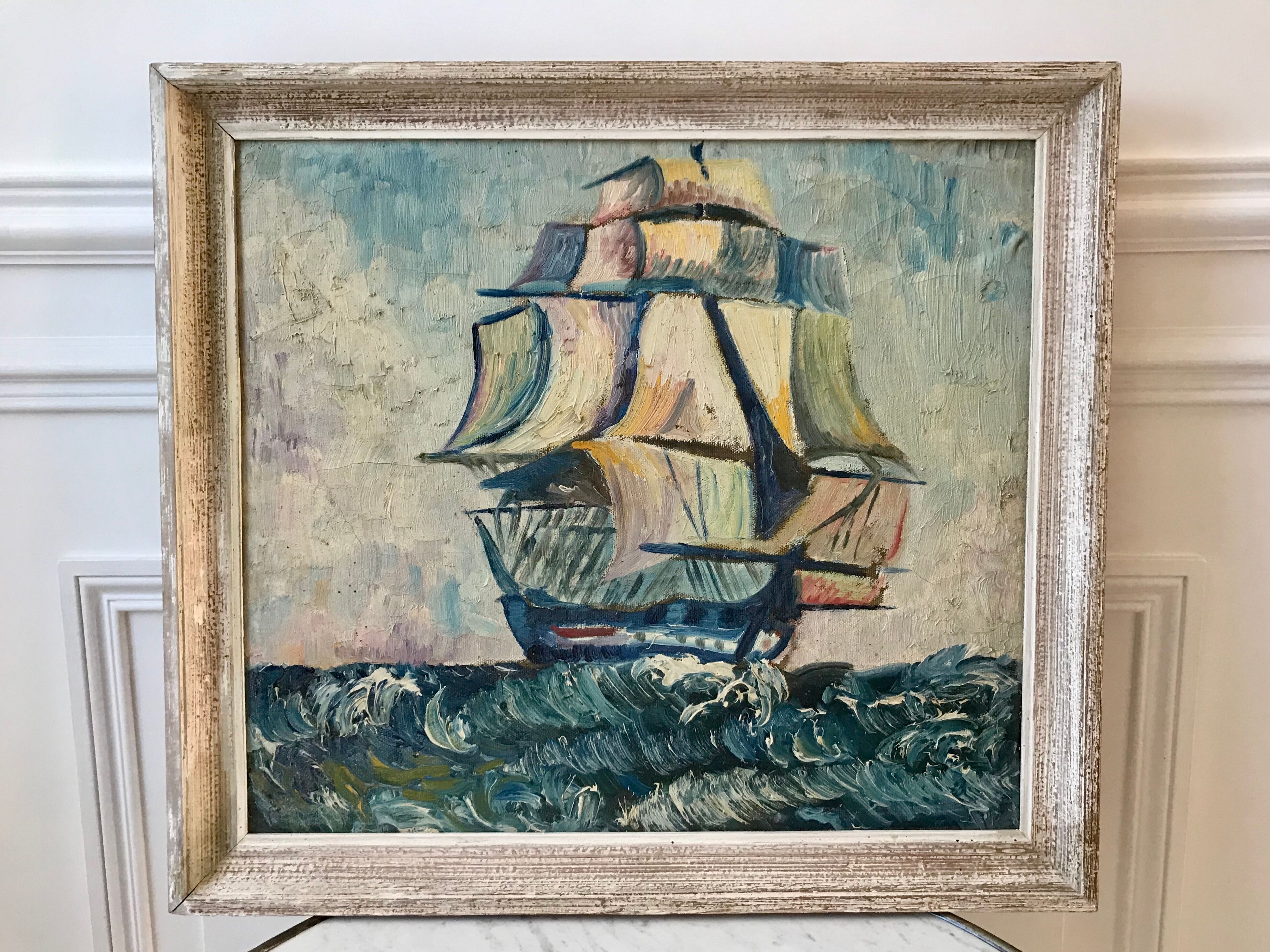 Marine painting oil on canvas old sailboat boat