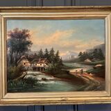 Oil on canvas landscape by a river and mountains in the distance, late 19th century