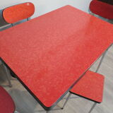 Table, 3 chairs and red formica stool