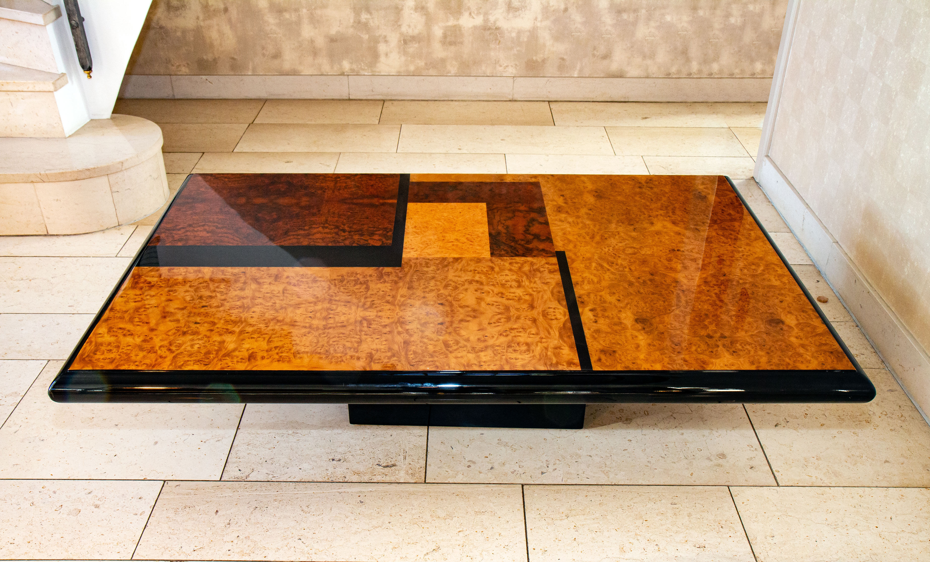 Coffee table, elm magnifying glass marquetry, bramble and black lacquer, 1980