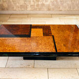 Coffee table, elm magnifying glass marquetry, bramble and black lacquer, 1980