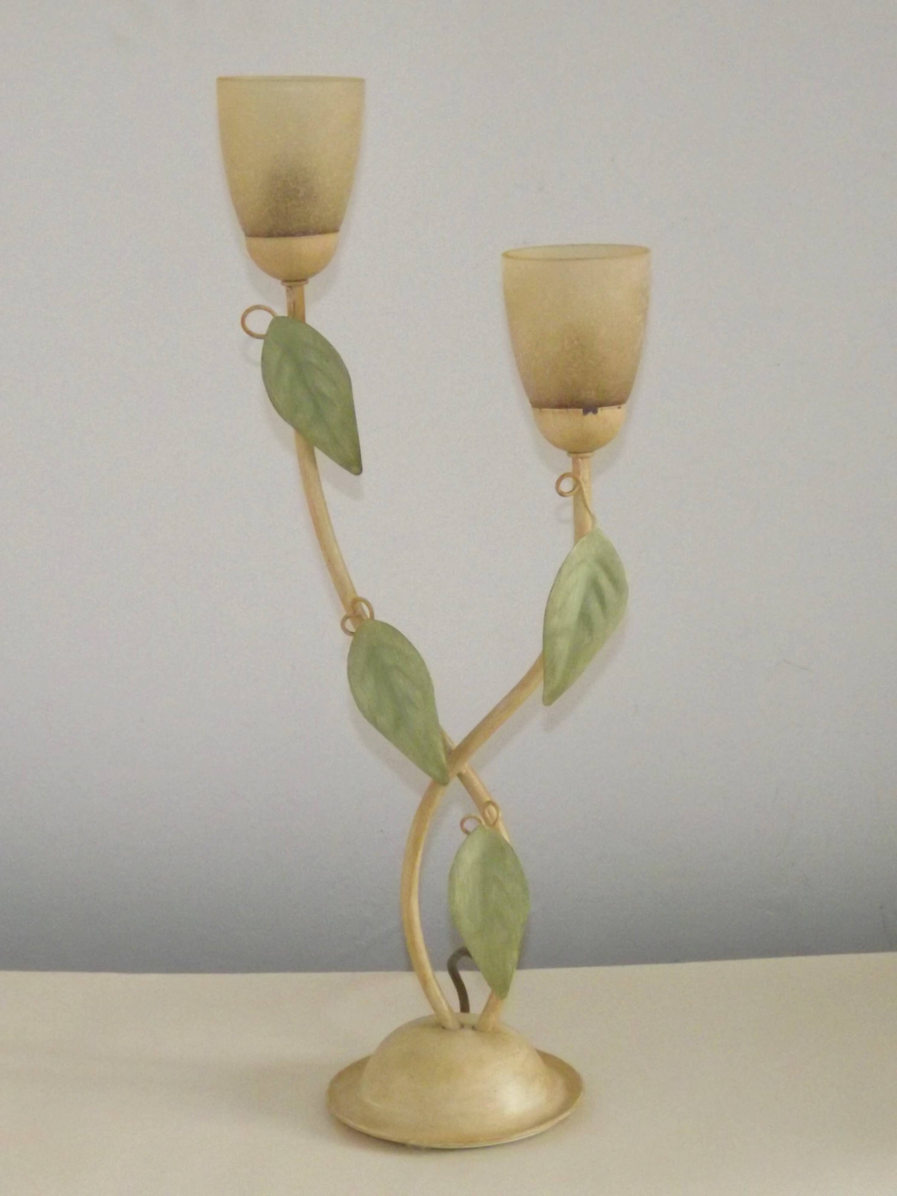 Vintage Italian Double Light Table Lamp Green Leaves Glass Shades